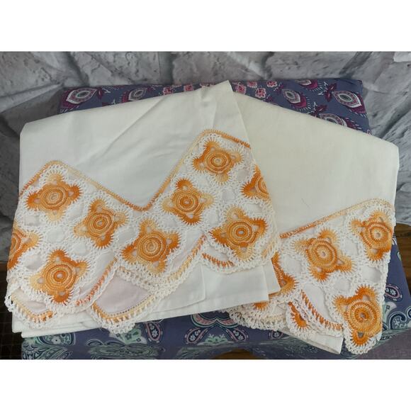 Mid Century Pillowcases Set of 2 Orange & White Crocheted - Picture 1 of 13